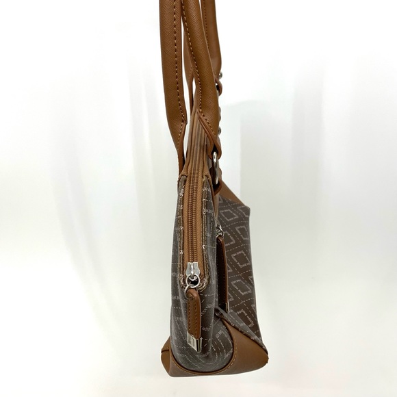 Nine West Brown Camel Tan All Over Geometric Pattern Contrast Satchel Purse - Picture 5 of 16